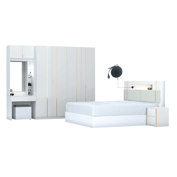 ชุดห้องนอน + ที่นอนสปริง 6 ฟุต WISDOM DESIGN FURNITURE รุ่น NOBLE สีขาว/กลอสซี่ไวท์